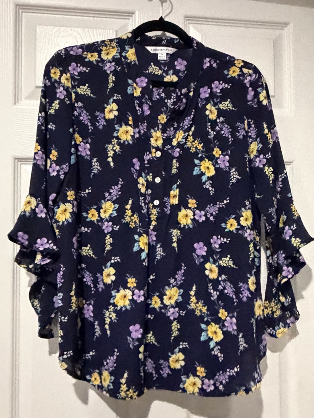 Counterparts Navy Floral Button-Front Blouse with Yellow & Lavender Flowers